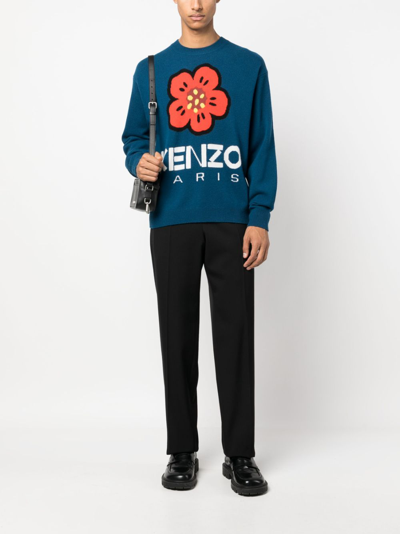 Kenzo Logo And Flower Wool Sweater In Blue