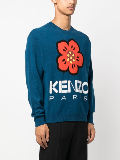 Kenzo Logo And Flower Wool Sweater In Blue
