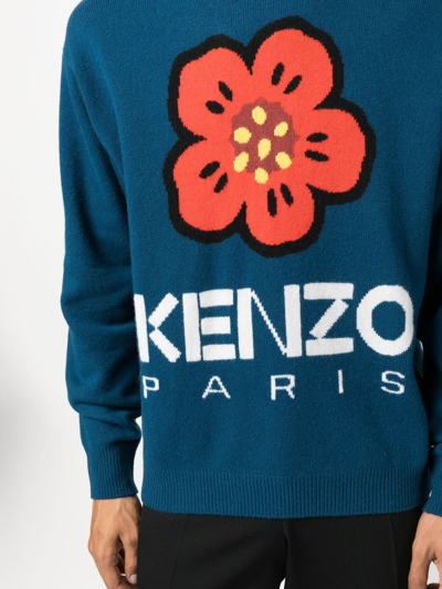 Kenzo Logo And Flower Wool Sweater In Blue