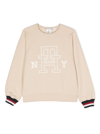 Shop Tommy Hilfiger Junior Logo-print Cotton Sweatshirt In Neutrals
