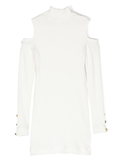 Shop Monnalisa Long-sleeve Ribbed-knit Dress In White