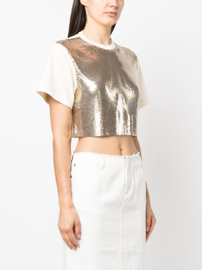 Rabanne Crop Metallic Embellishment Cotton Blend T-shirt In Gold