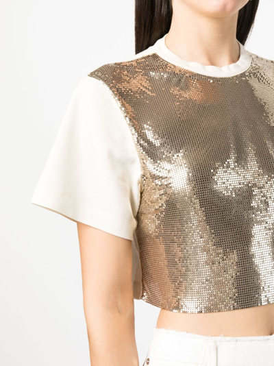 Rabanne Crop Metallic Embellishment Cotton Blend T-shirt In Gold