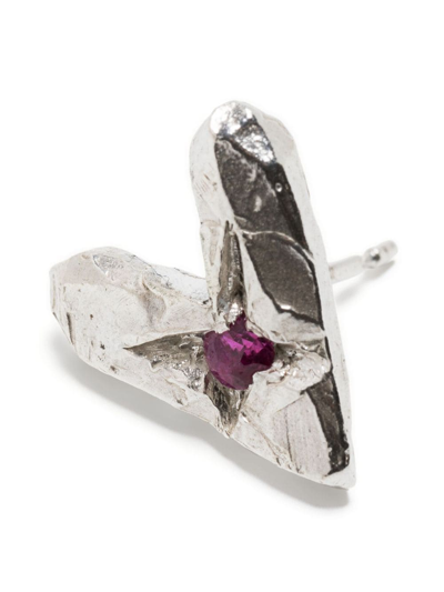 Shop The Ouze Heart-shaped Ruby Stud Earring In Silver