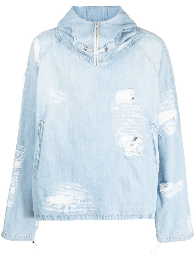 Shop 424 Distressed Cotton Hooded Jacket In Blue