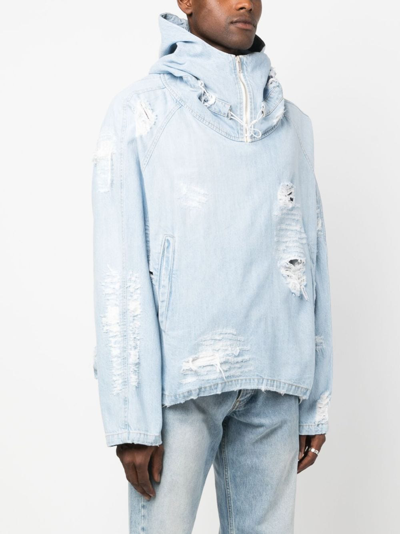 Shop 424 Distressed Cotton Hooded Jacket In Blue