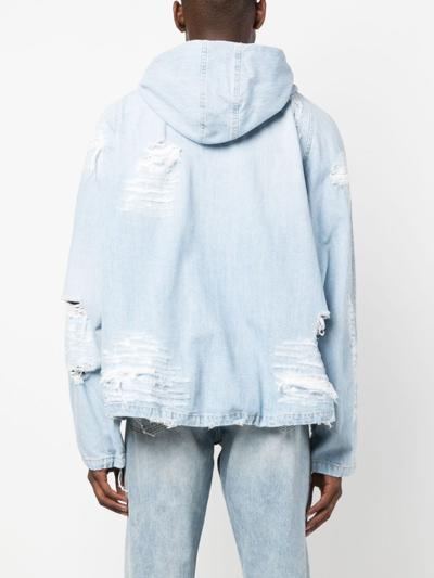 Shop 424 Distressed Cotton Hooded Jacket In Blue