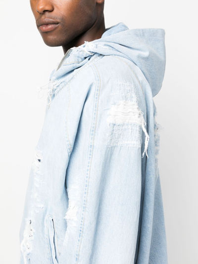 Shop 424 Distressed Cotton Hooded Jacket In Blue