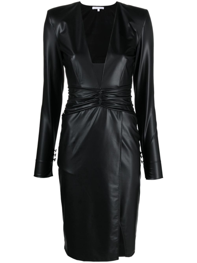 Shop Patrizia Pepe Coated-jersey Ruched Midi Dress In Black