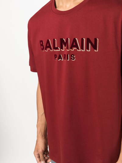 Shop Balmain Logo-print Cotton T-shirt In Red