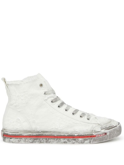 Shop Diesel S-athos Mid Distressed Sneakers In White