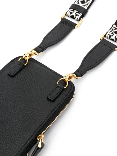 Coccinelle Jacquard Neck-strap Leather Phone Case In Black