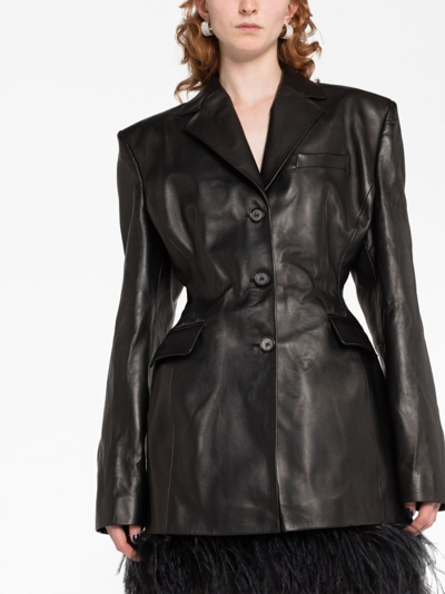 Magda Butrym Leather Blazer With Waist Belt And Notched Lapels In Black