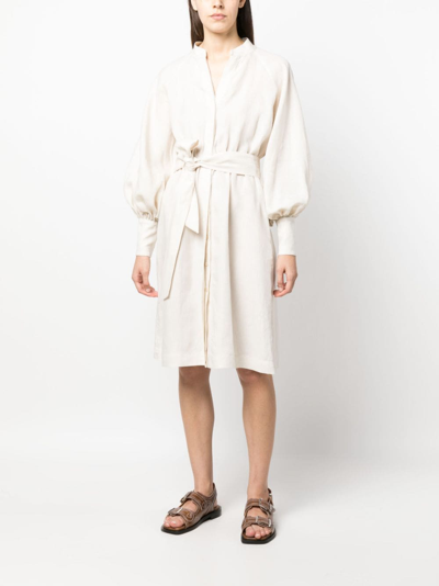Eleventy Puff Sleeve Midi Dress With Belted Waist In Neutrals