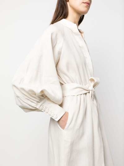 Eleventy Puff Sleeve Midi Dress With Belted Waist In Neutrals
