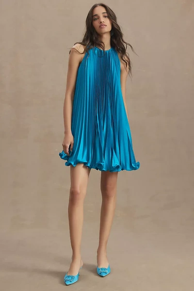 Shop Mac Duggal Pleated Halter Flowy Trapeze Mini Dress In Blue