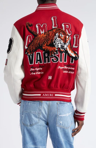 Shop Amiri Tiger Patch Varsity Jacket In Red