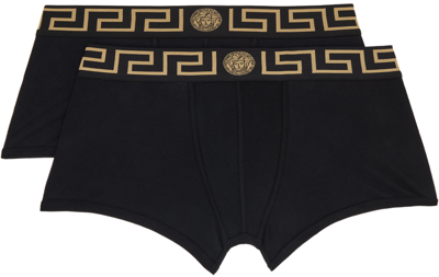 Shop Versace Two-pack Black Greca Border Boxers In A80g-black Gold