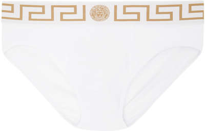 Shop Versace White Greca Border Briefs In A81h-white-gold