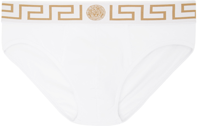 Versace Stretch Cotton Boxer Shorts With Greek Motif In A81h-white-gold