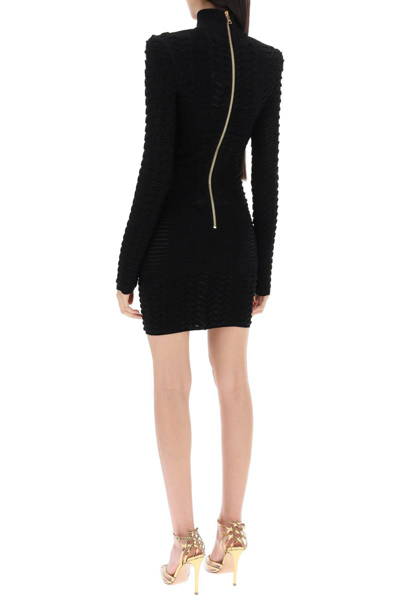 Shop Balmain Turtleneck Mini Dress In Texturized Knit In Black