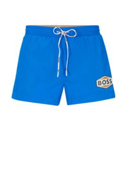 Shop Hugo Boss Quick-drying Swim Shorts With Logo Details In Blue
