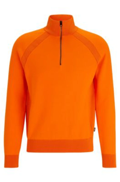 Shop Hugo Boss Cotton Zip-neck Sweater With Color-blocking In Orange