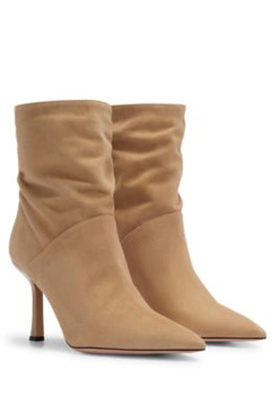Shop Hugo Boss High-heeled Ankle Boots In Suede With Pointed Toe In Beige