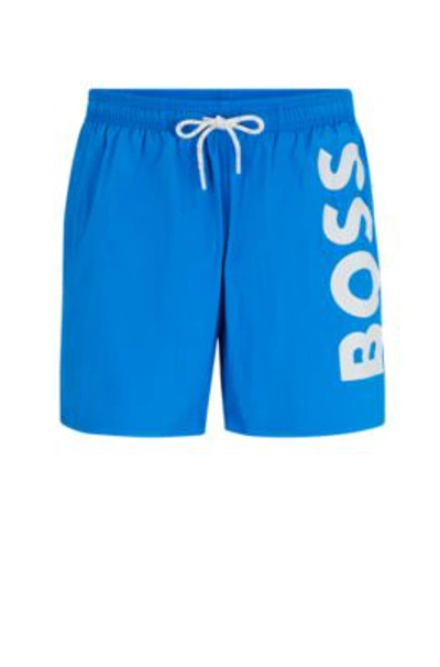Shop Hugo Boss Quick-dry Swim Shorts With Large Logo Print In Blue