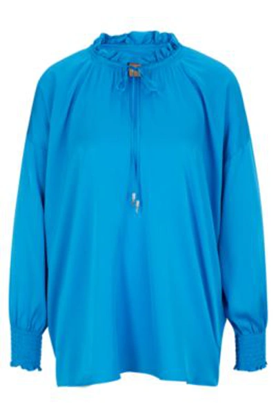 Shop Hugo Boss Relaxed-fit Blouse In Stretch Silk With Tie Front In Blue