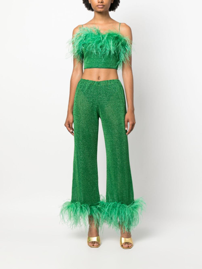 Shop Oseree Lumière Feather-trim Cropped Top In Green