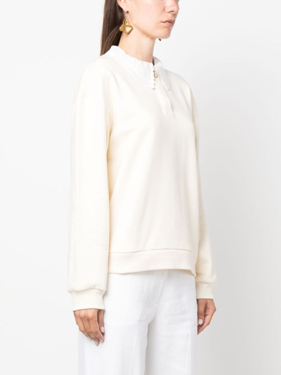 Shop Claudie Pierlot Broderie Anglaise-collar Cotton Sweatshirt In Neutrals