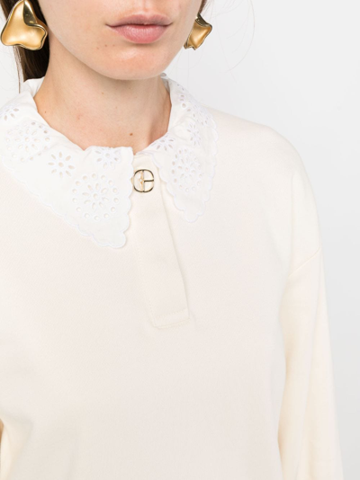Shop Claudie Pierlot Broderie Anglaise-collar Cotton Sweatshirt In Neutrals
