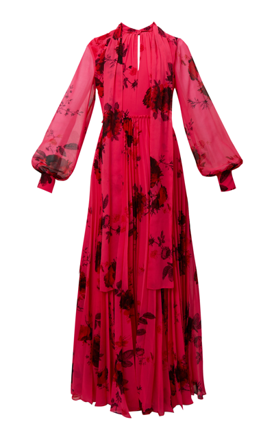Shop Erdem Tie-neck Floral-georgette Maxi Dress In Pink
