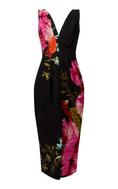 Shop Erdem Floral Cotton Midi Dress In Black