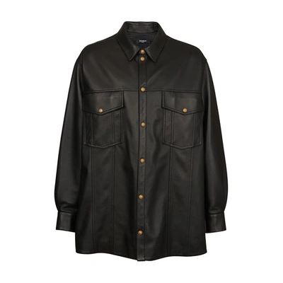 Shop Balmain Leather Overshirt In Black