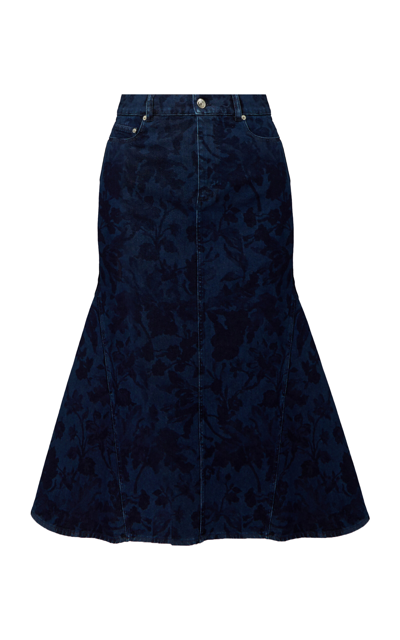 Shop Erdem Raw-edge Floral Denim Midi Skirt In Dark Wash