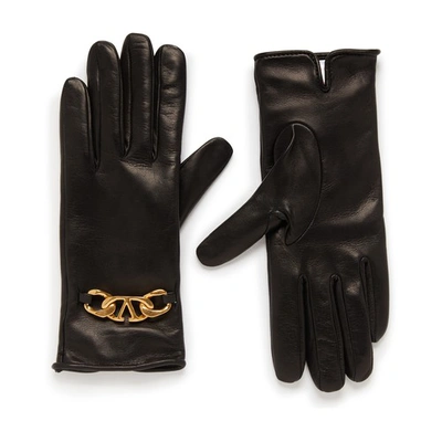 Shop Valentino Vlogo Chain Leather Gloves In Nero