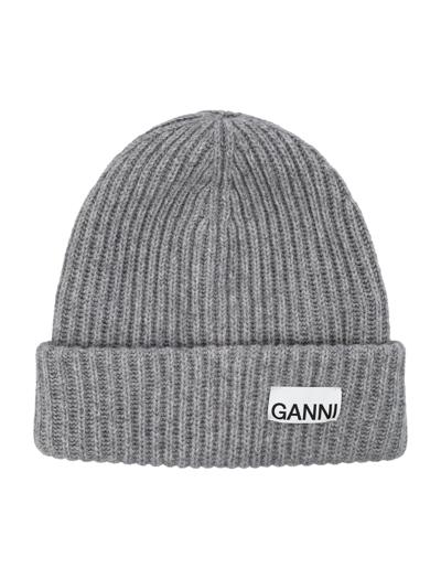 Shop Ganni Wool Beanie In Melange Grey