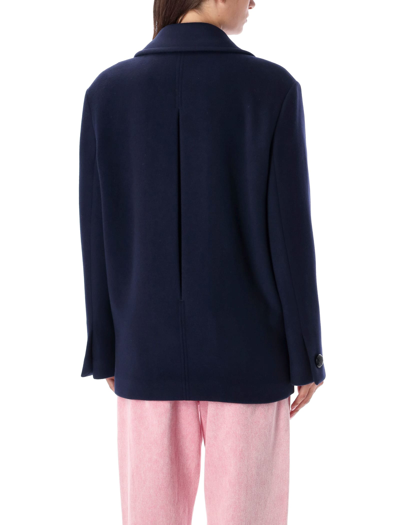 Msgm Double-breasted Logo-patch Jacket In Navy