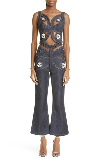 Shop Area Butterfly Crystal Detail Crop Flare Nonstretch Jeans In Dark Indigo