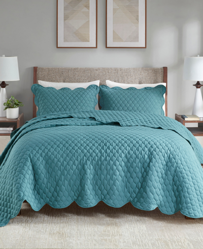 Shop Madison Park Closeout!  Nala Scalloped Edge Crinkle Microfiber 3 Piece Quilt Set, Full/queen In Teal
