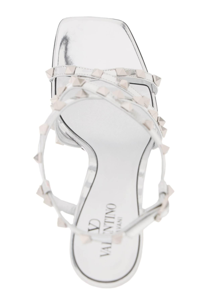 Shop Valentino Laminated Leather Rockstud Sandals In Metallic,silver