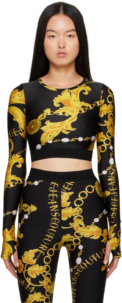 Versace Jeans Couture Black Longsleeve Tops With All-over Baroque Print In Eg89 Black/gold