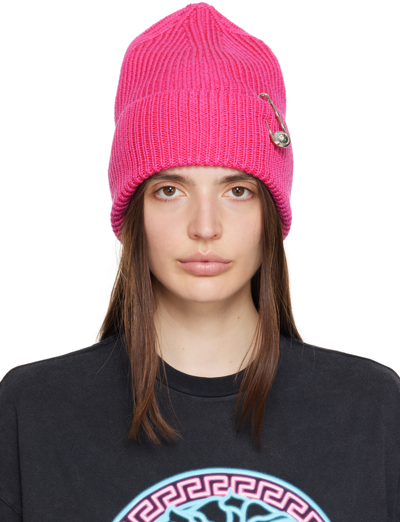 Shop Versace Pink Safety Pin Beanie In 1po30/hot Pink