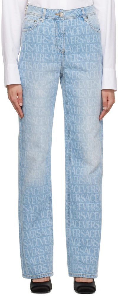 Shop Versace Blue Allover Jeans In 1d190/light Blue