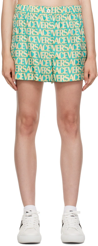 Shop Versace Green Allover Shorts In 5v550/turquoise