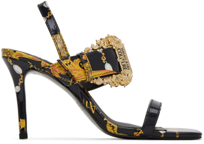 Shop Versace Jeans Couture Black & Gold Emily Baroque Heeled Sandals In Eg89 Black + Gold