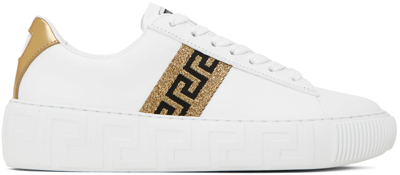 Shop Versace White Greca Sneakers In 2w110 White/gold