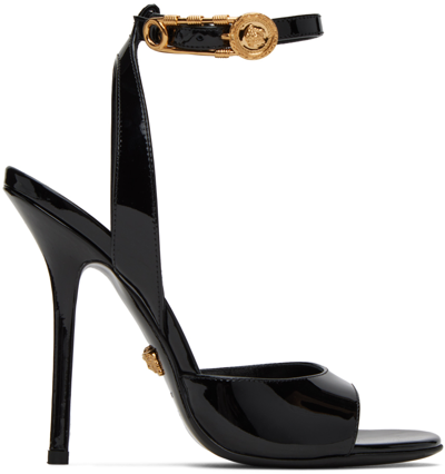 Shop Versace Black Safety Pin Heeled Sandals In 1b00v Black/ Gold